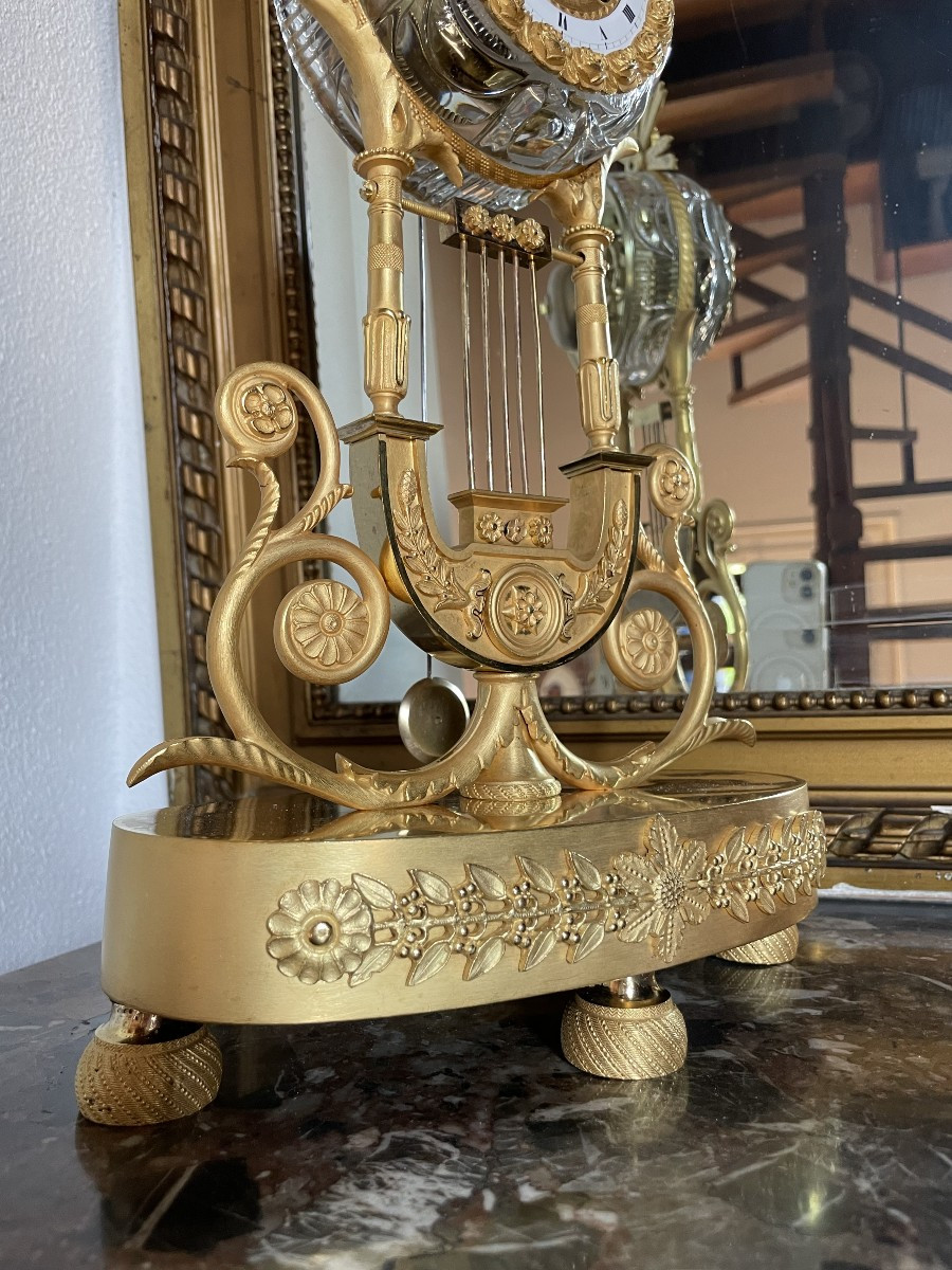 Pendule Lyre Bronze Mercure Et Cristal , Ht 41-photo-2