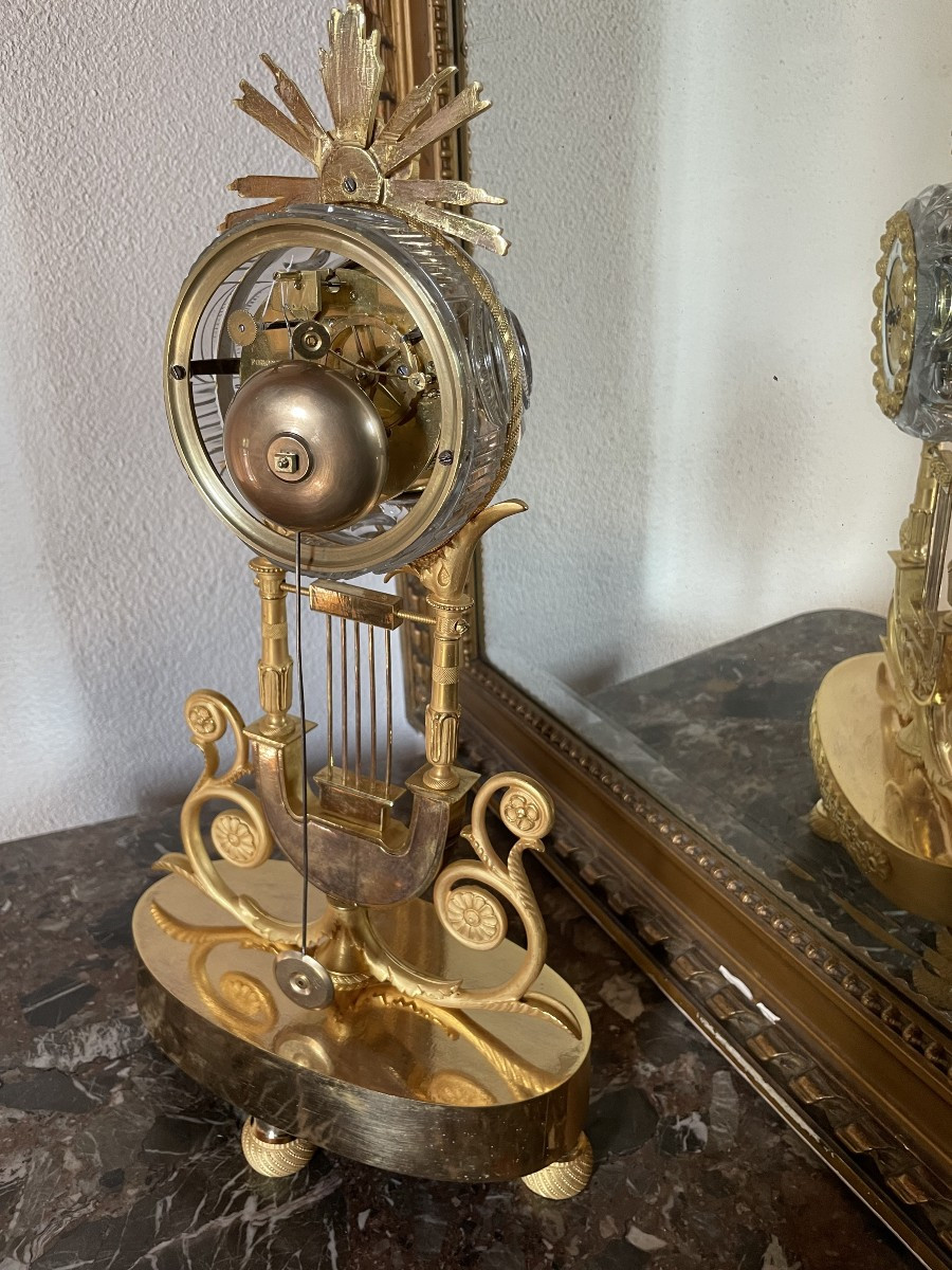 Pendule Lyre Bronze Mercure Et Cristal , Ht 41-photo-5