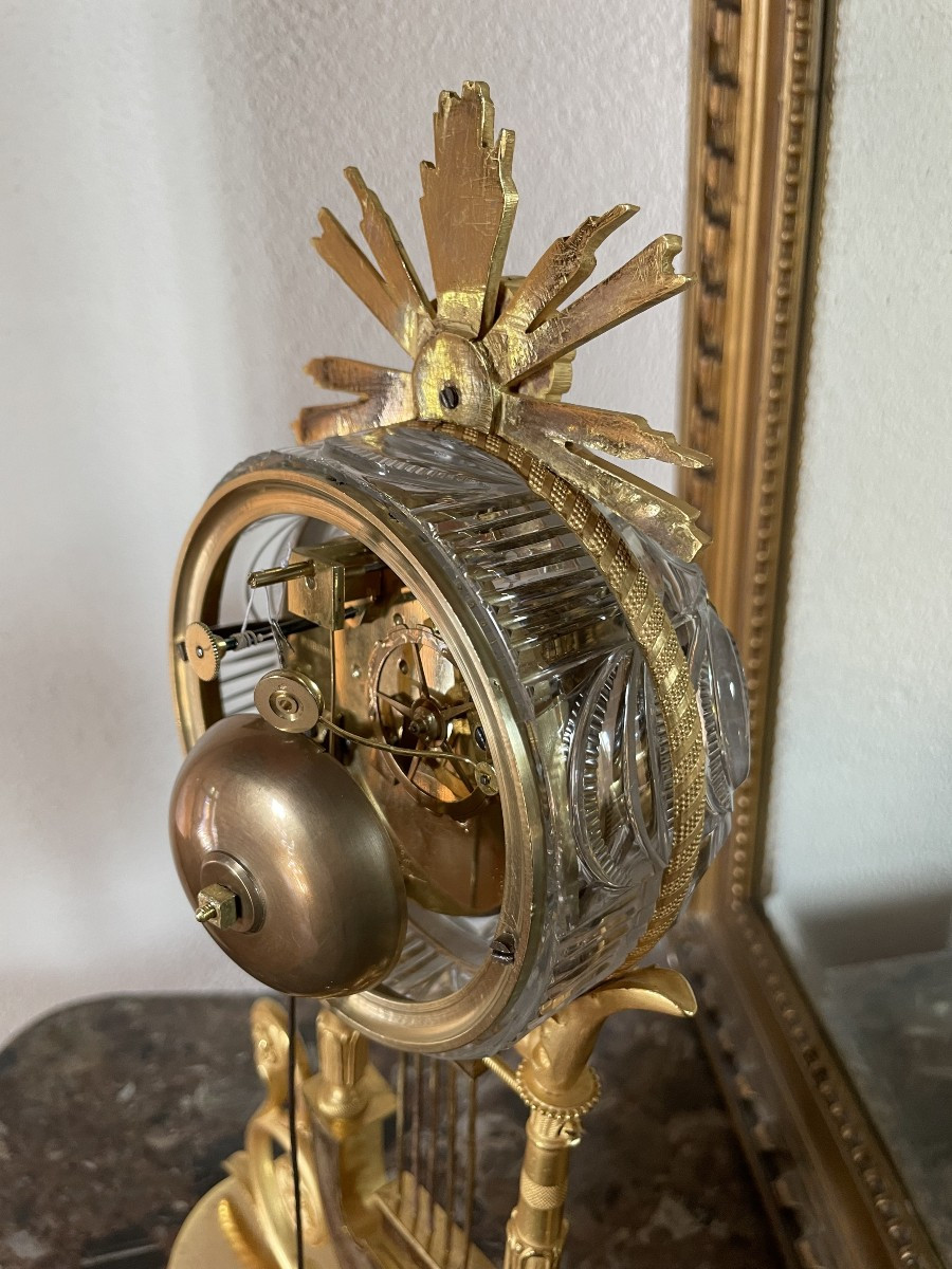 Pendule Lyre Bronze Mercure Et Cristal , Ht 41-photo-7