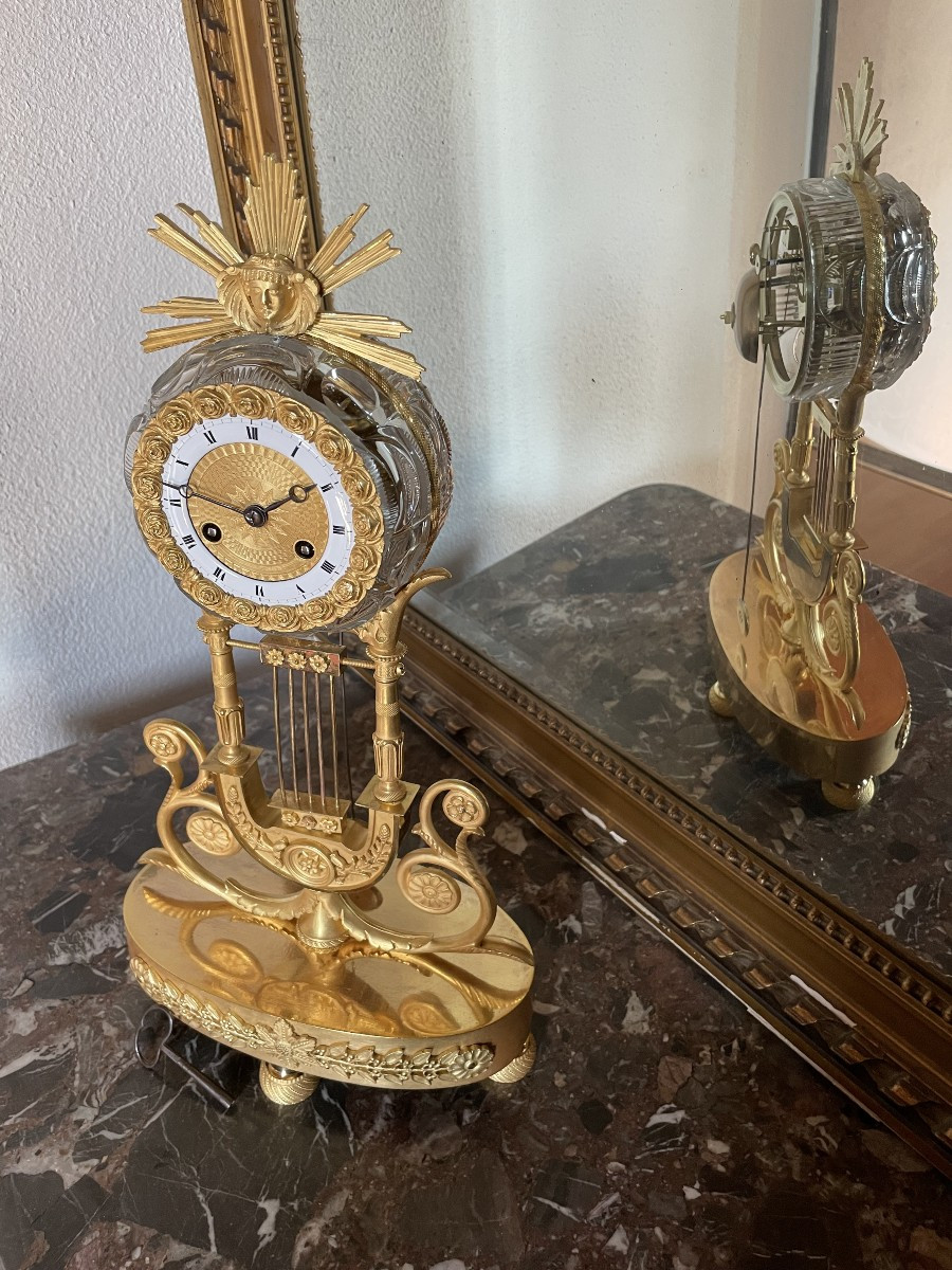 Pendule Lyre Bronze Mercure Et Cristal , Ht 41-photo-8