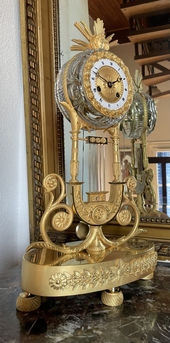 Pendule Lyre Bronze Mercure Et Cristal , Ht 41