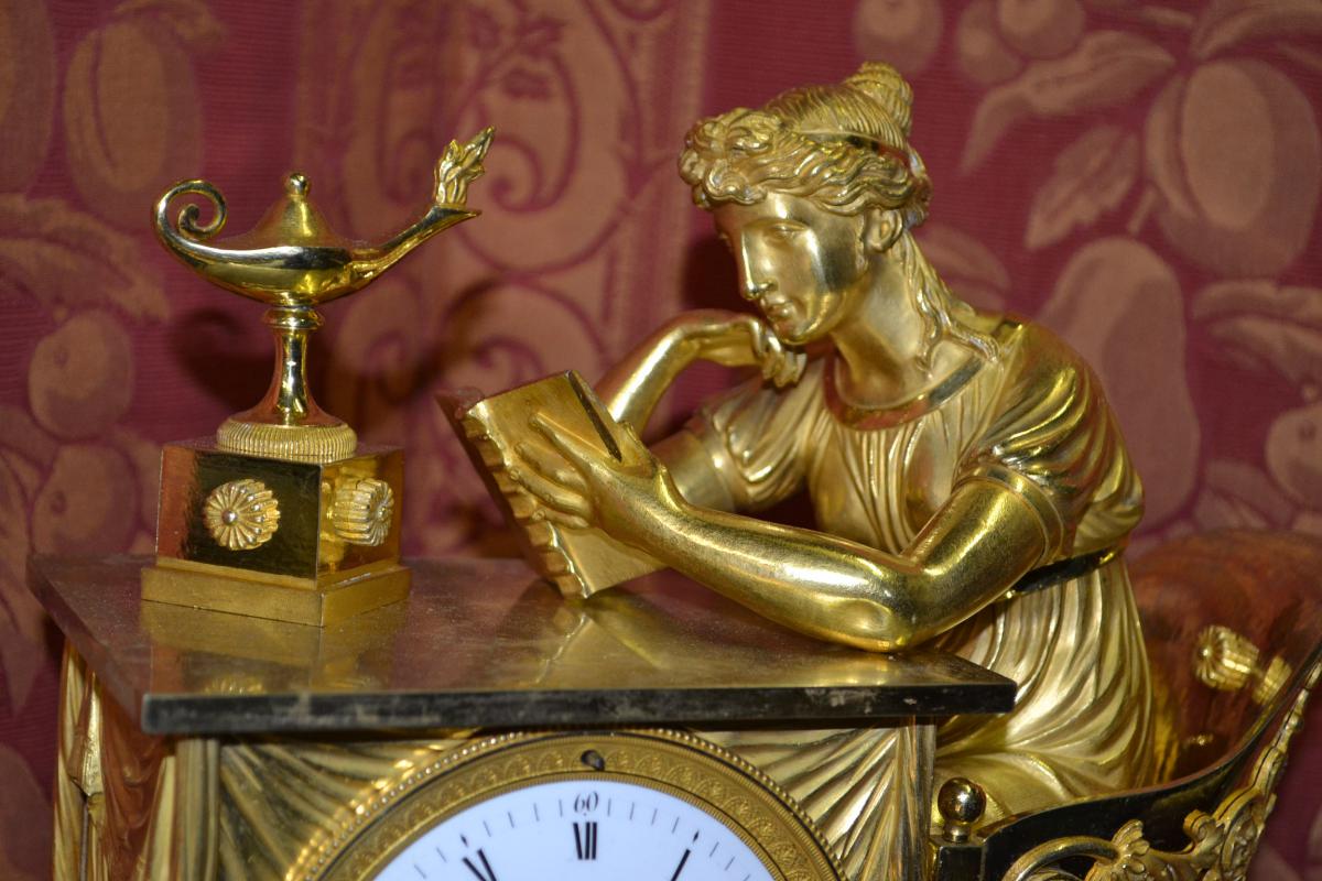 Pendulum "the Reader" From Denisart A Paris Ep Empire 1810 Ht 34.-photo-1