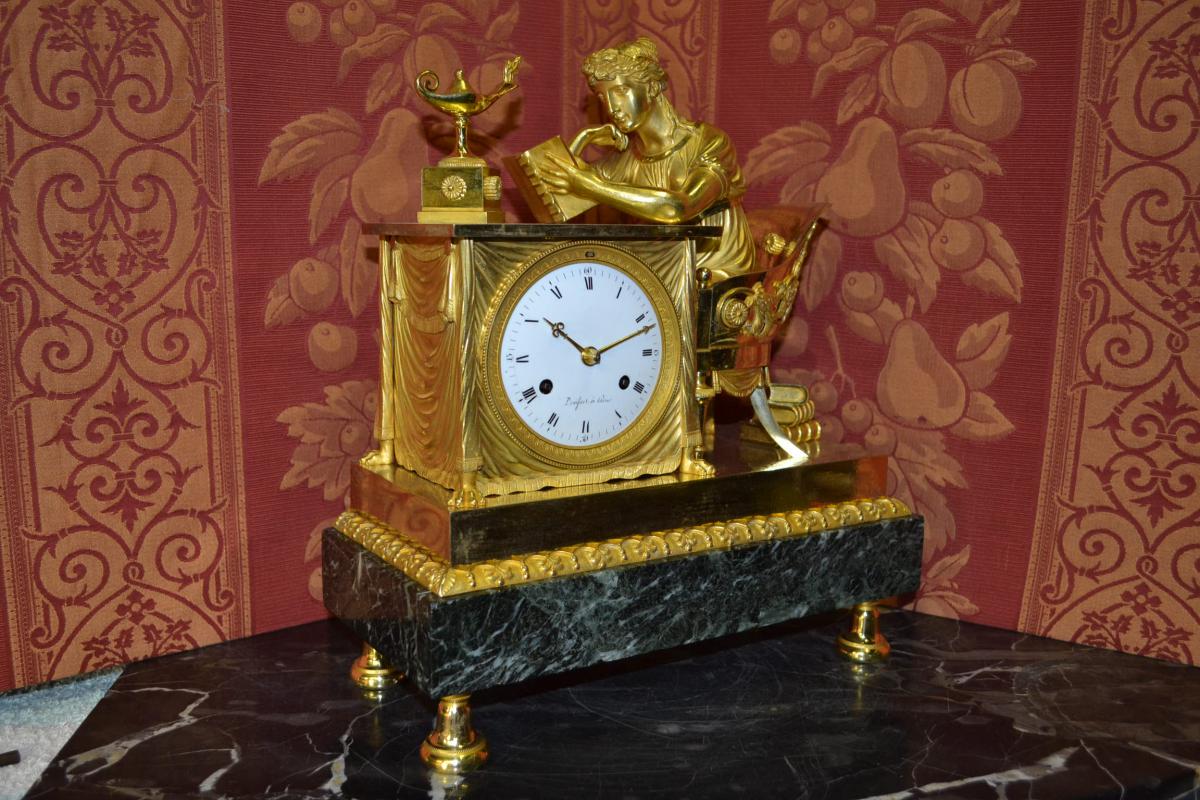 Pendulum "the Reader" From Denisart A Paris Ep Empire 1810 Ht 34.-photo-2