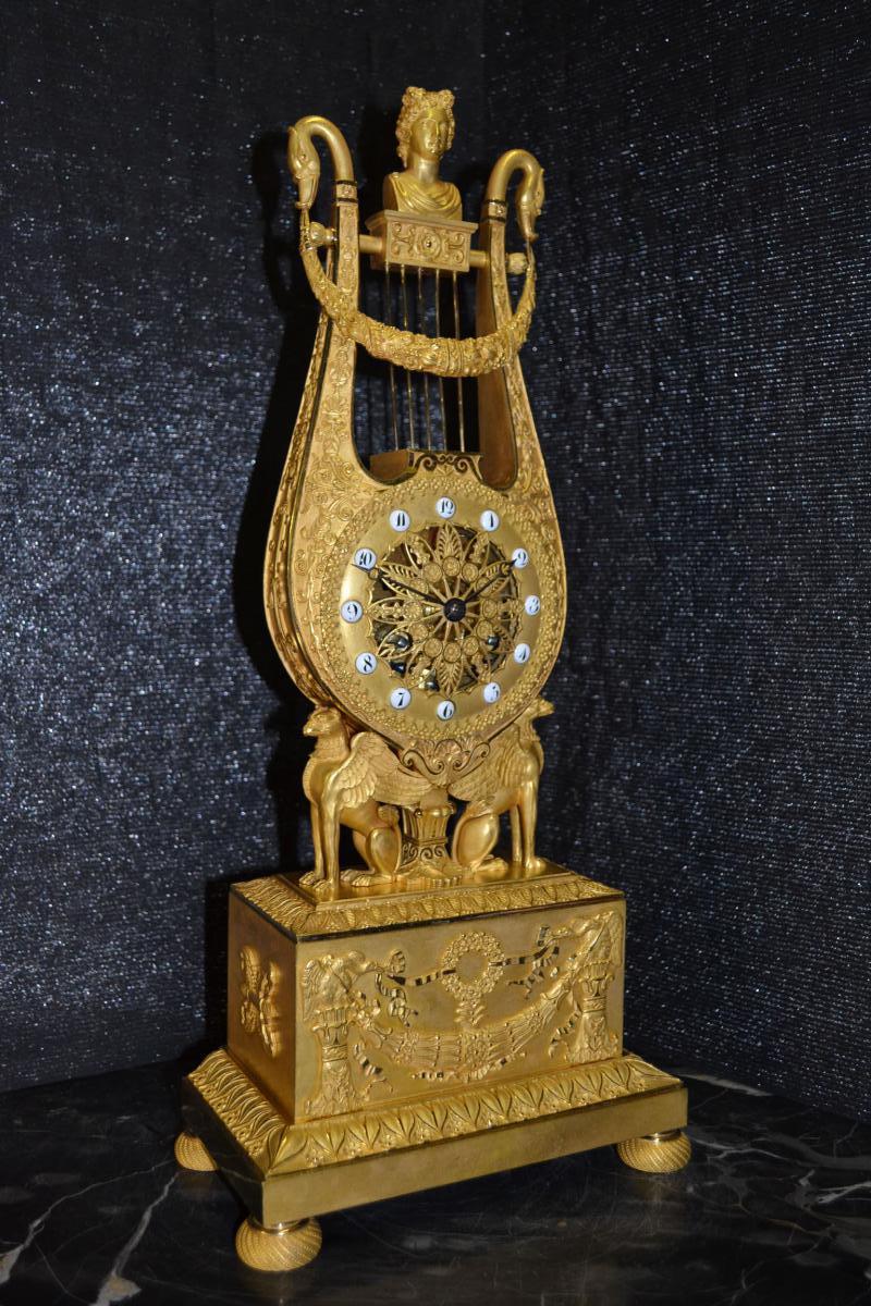 Lyre Pendulum In Griffins Of Empire Period, Ht 46.-photo-3