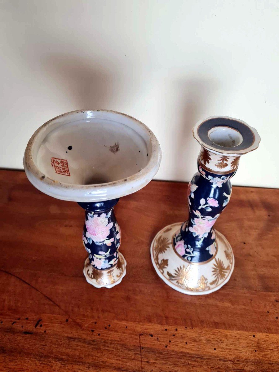 Japanese Triptych Including 1 Cache Pot And 2 Porcelain Candlesticks-photo-7