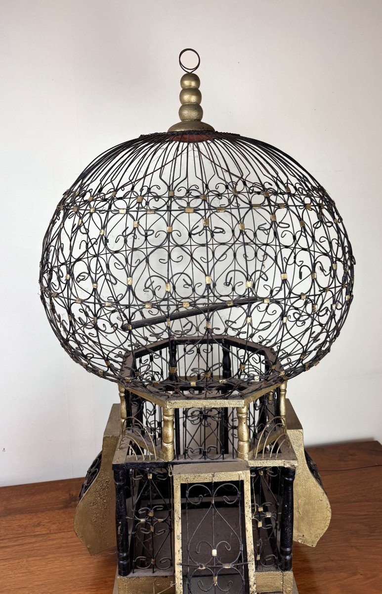 Cage A Oiseaux Vintage De Forme Montgolfière En Bois Et Fer -photo-4
