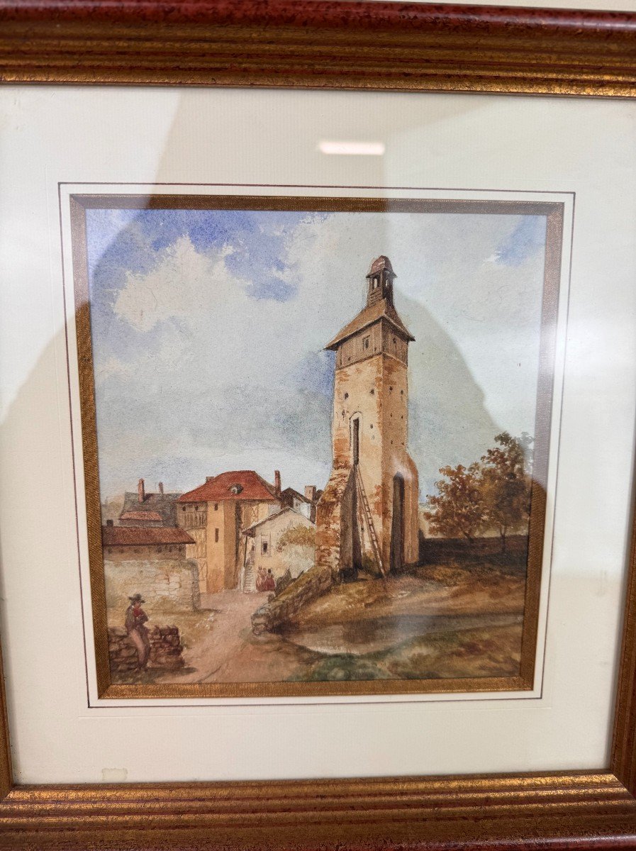 Watercolor View Of A Village Bell Tower Dated 1899   -photo-1