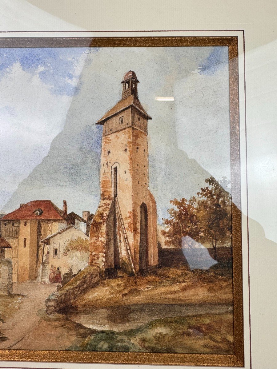 Watercolor View Of A Village Bell Tower Dated 1899   -photo-4