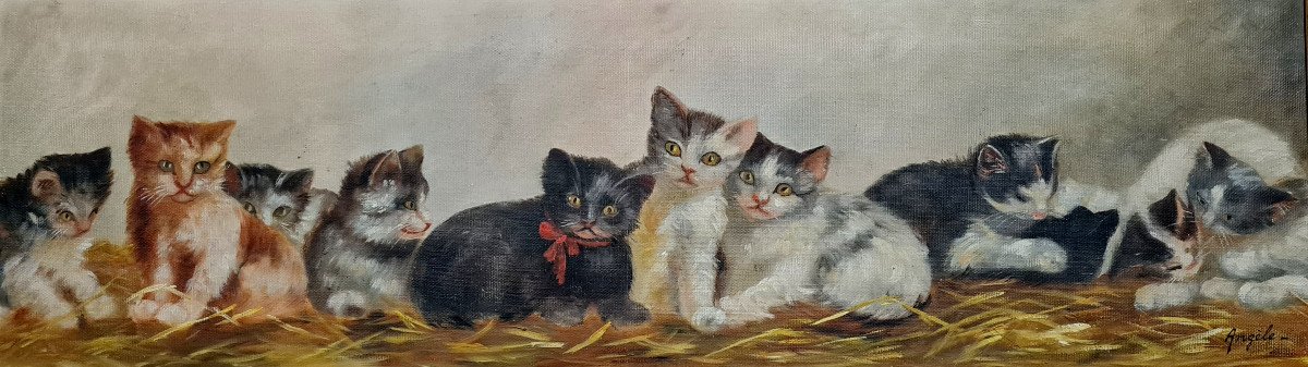 French School Early 20th Century: Large Oil On Canvas Fresco / The Kittens-photo-1
