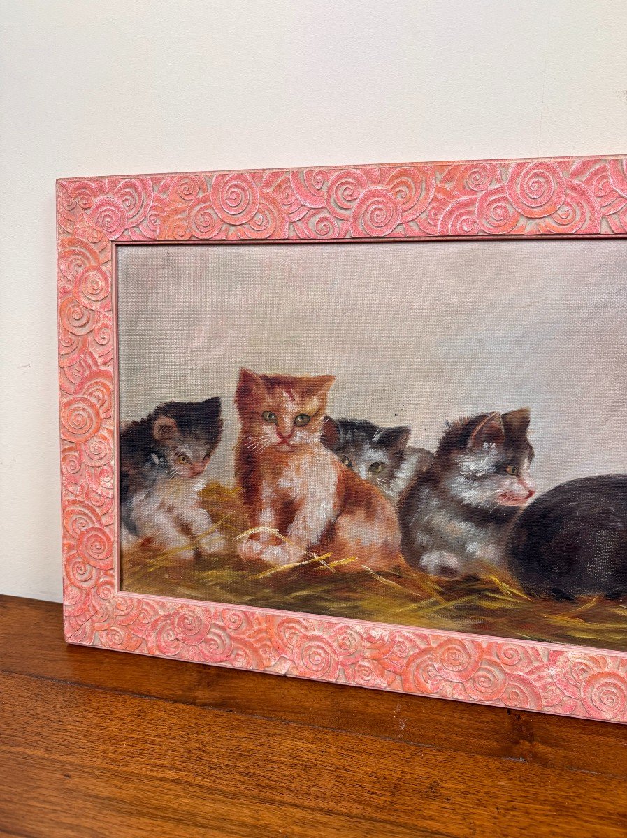French School Early 20th Century: Large Oil On Canvas Fresco / The Kittens-photo-2