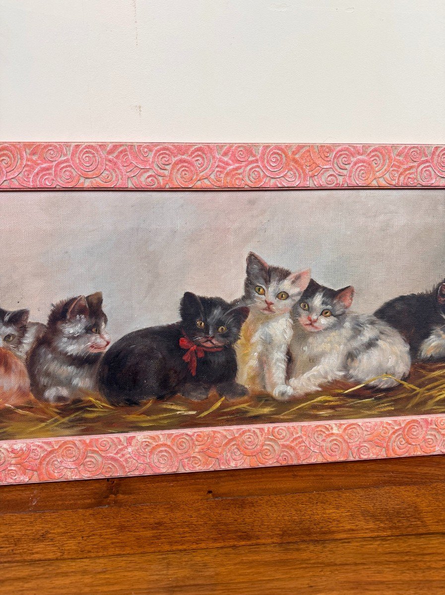 French School Early 20th Century: Large Oil On Canvas Fresco / The Kittens-photo-3