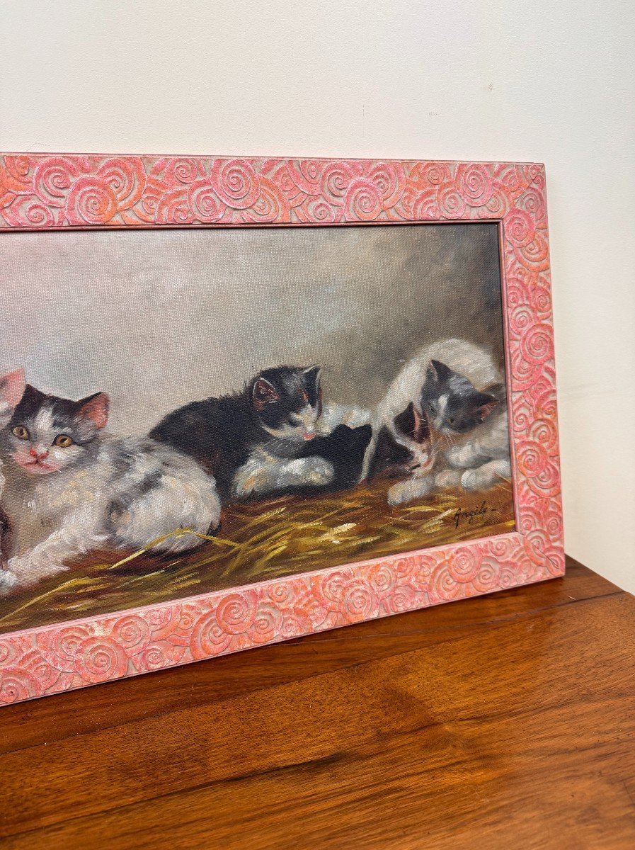 French School Early 20th Century: Large Oil On Canvas Fresco / The Kittens-photo-4