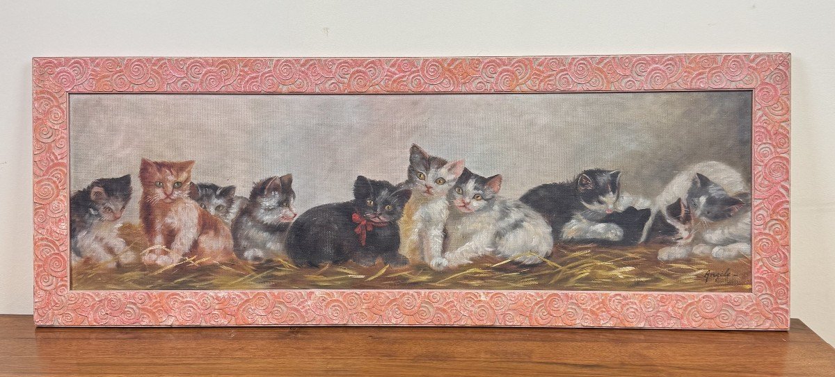 French School Early 20th Century: Large Oil On Canvas Fresco / The Kittens