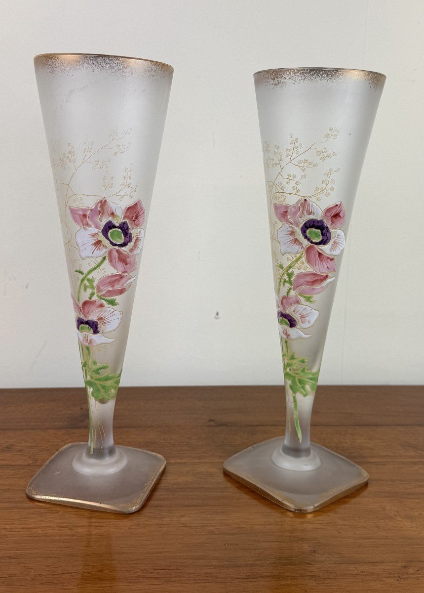 Pair Of Cornet Vases In Frosted Glass After Montjoye By Legras Art Nouveau Period-photo-4