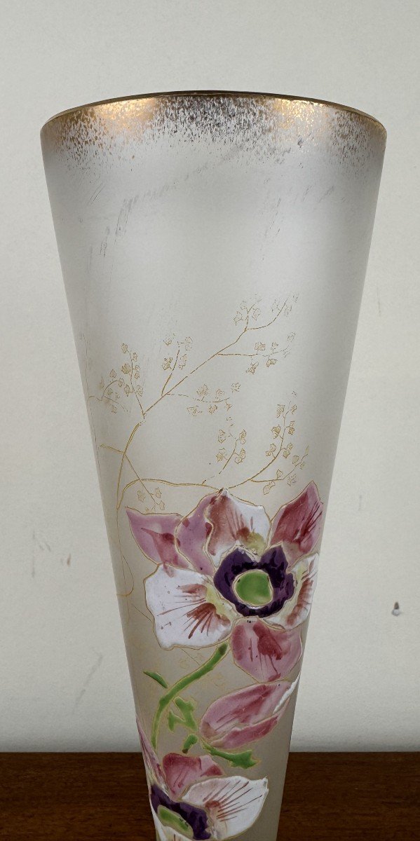 Pair Of Cornet Vases In Frosted Glass After Montjoye By Legras Art Nouveau Period-photo-1