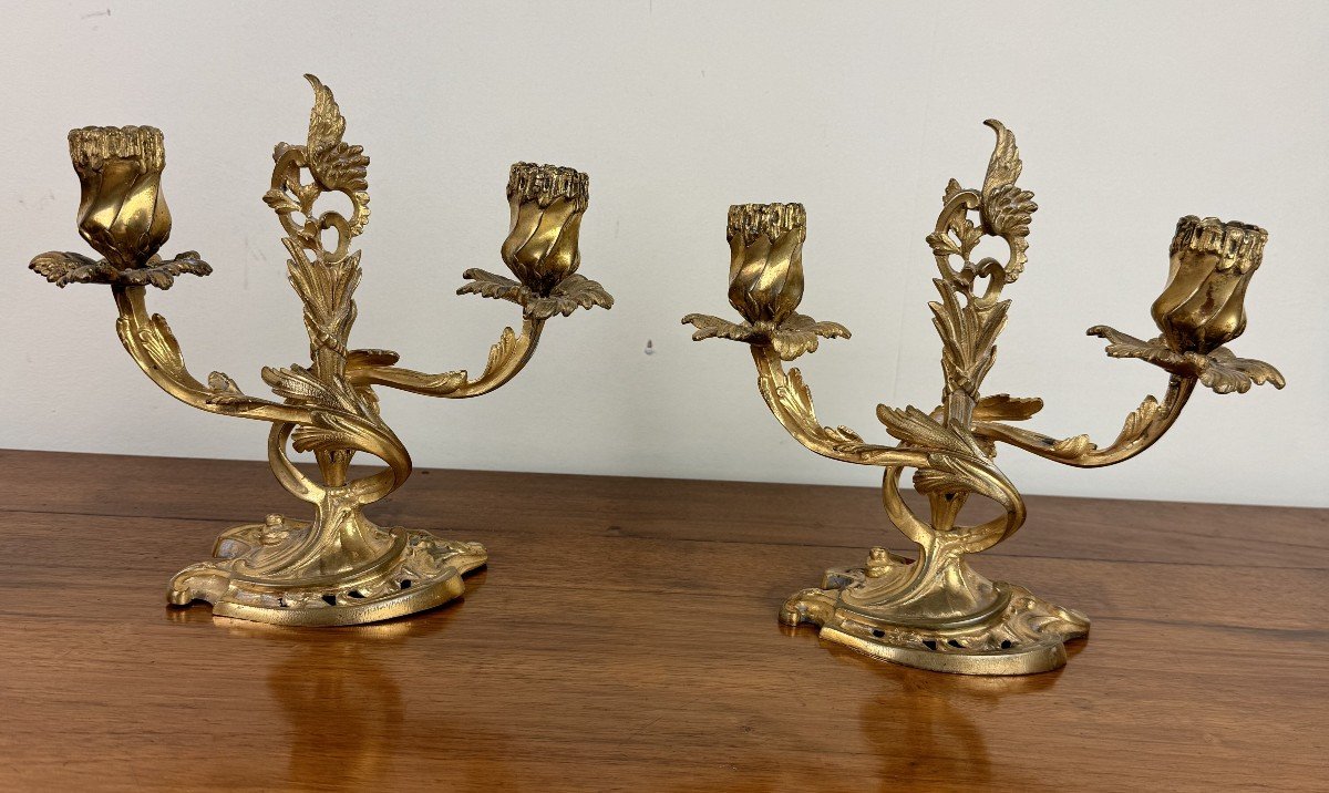 Pair Of Louis XV Rocaille Candelabra In Gilt Bronze With Two Candle Arms-photo-1