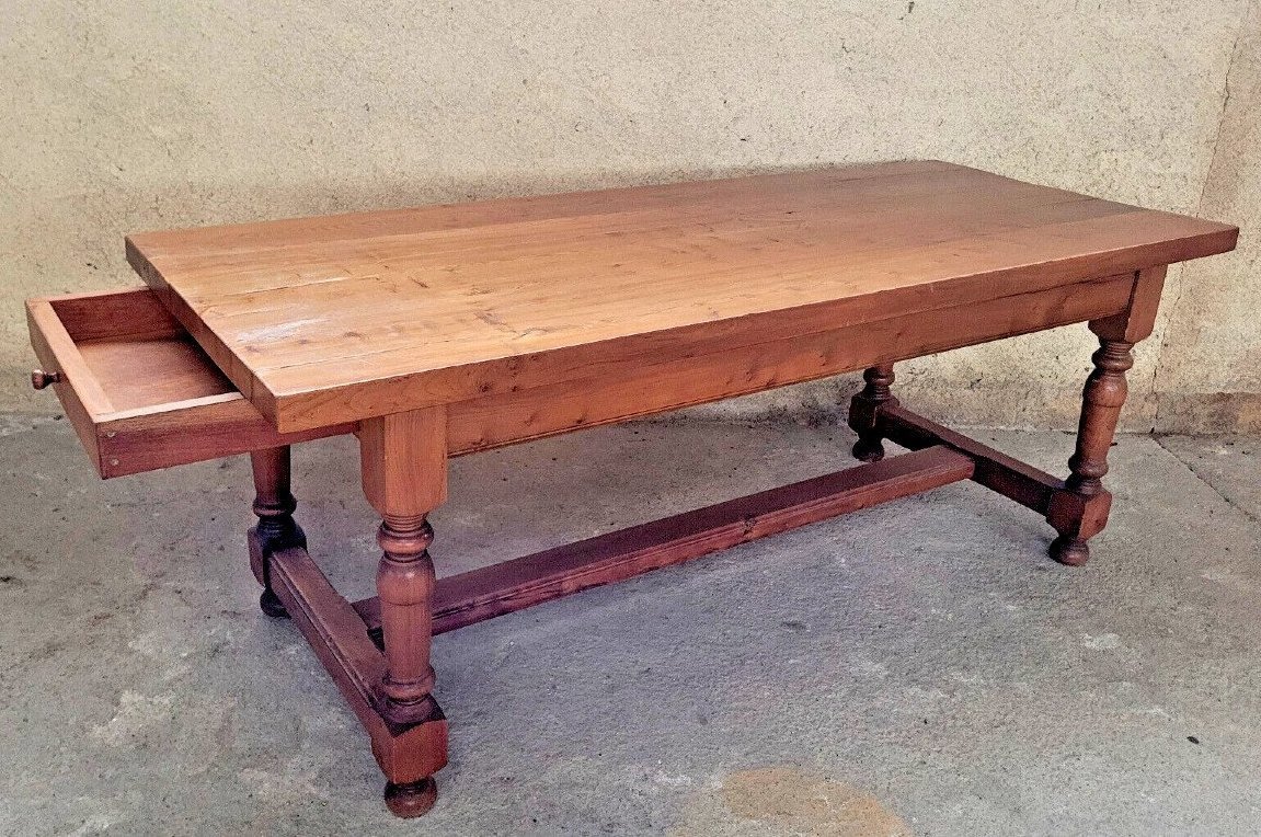 Large Louis XIII Style Farm Table In Cherry Wood 