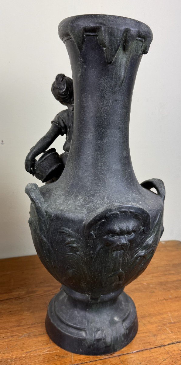 François Moreau: Pair Of Vases With Characters Napoleon III Period In Regulates With Bronze Patina-photo-4