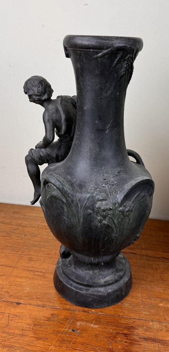 François Moreau: Pair Of Vases With Characters Napoleon III Period In Regulates With Bronze Patina-photo-5