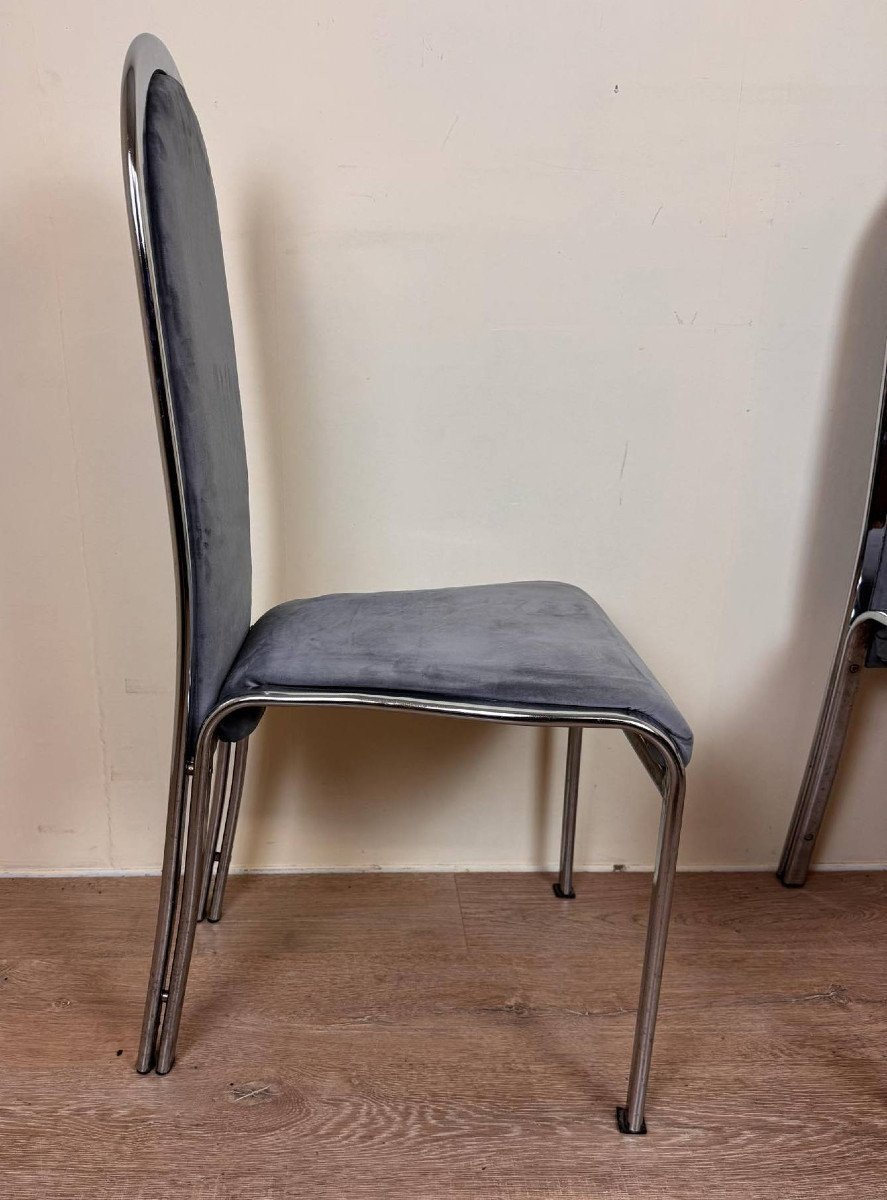 Series Of Italian Dining Room Chairs From 1970, Chromed And Covered In Velvet -photo-5