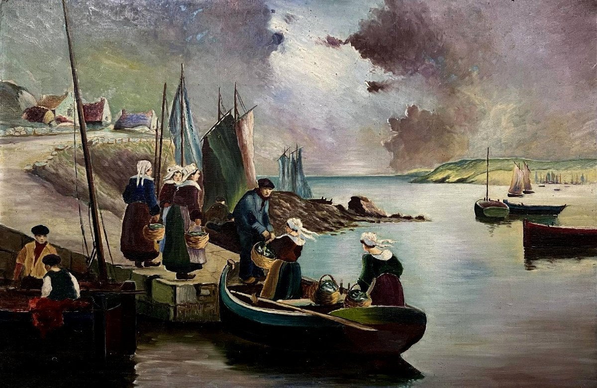Breton School Early 20th Century: Large Oil On Canvas / Animated Port View  -photo-5