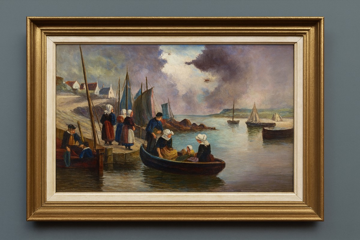 Breton School Early 20th Century: Large Oil On Canvas / Animated Port View  