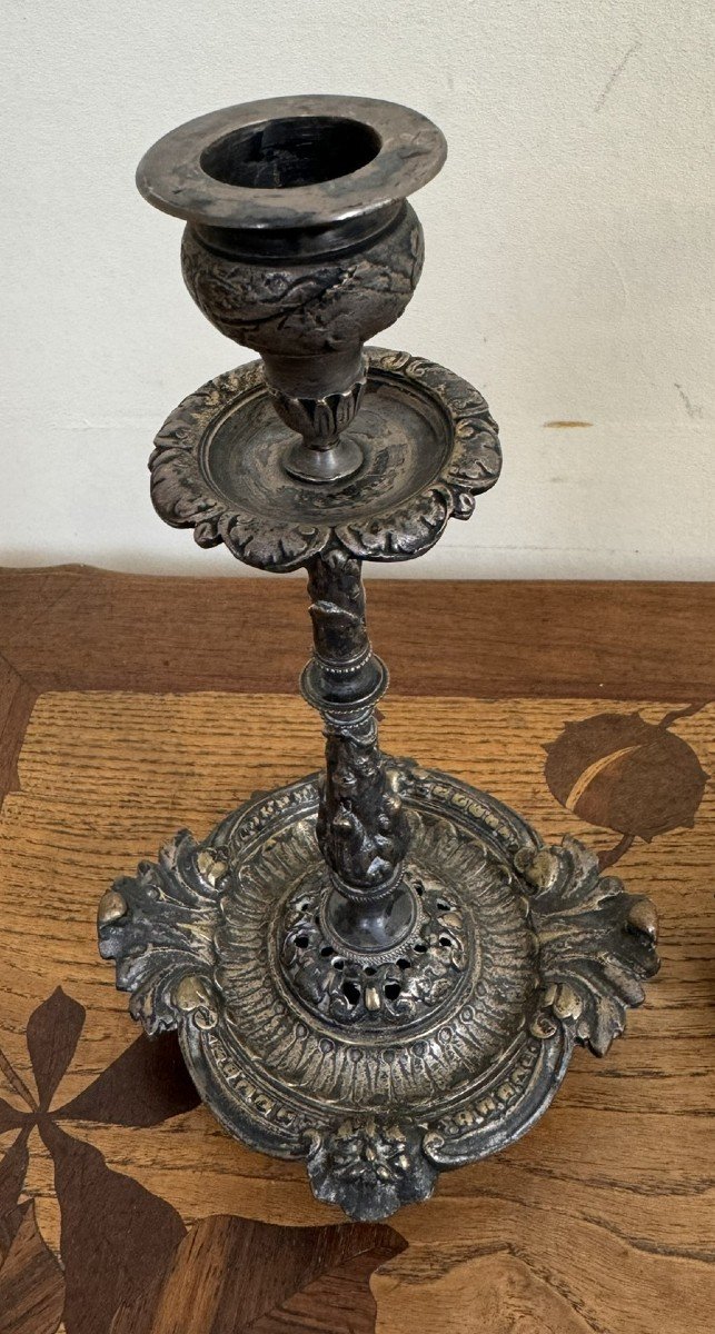 Pair Of Napoleon III Period Candlesticks In Silver Bronze-photo-4