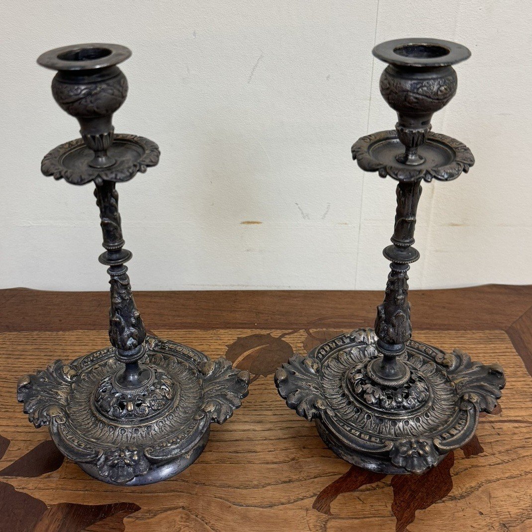 Pair Of Napoleon III Period Candlesticks In Silver Bronze