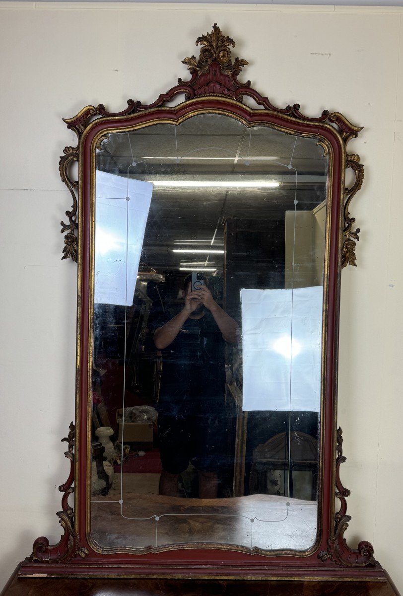 Important Miroir Vénitien De Style Louis XV Baroque En Bois Laqué Et Doré -photo-1