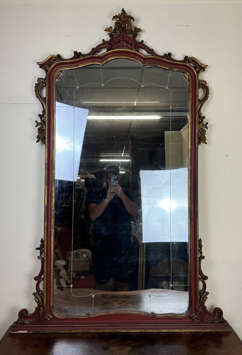 Important Miroir Vénitien De Style Louis XV Baroque En Bois Laqué Et Doré 