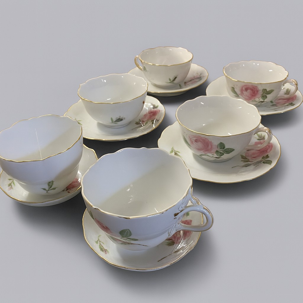 Meissen: Set Of 6 Porcelain Cups And Saucers, Rose Pattern 