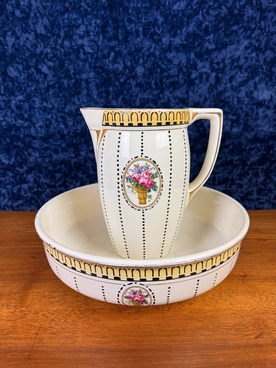 Boch La Louvière Art Deco Period: Large Toilet Jug With Porcelain Bowl -photo-2