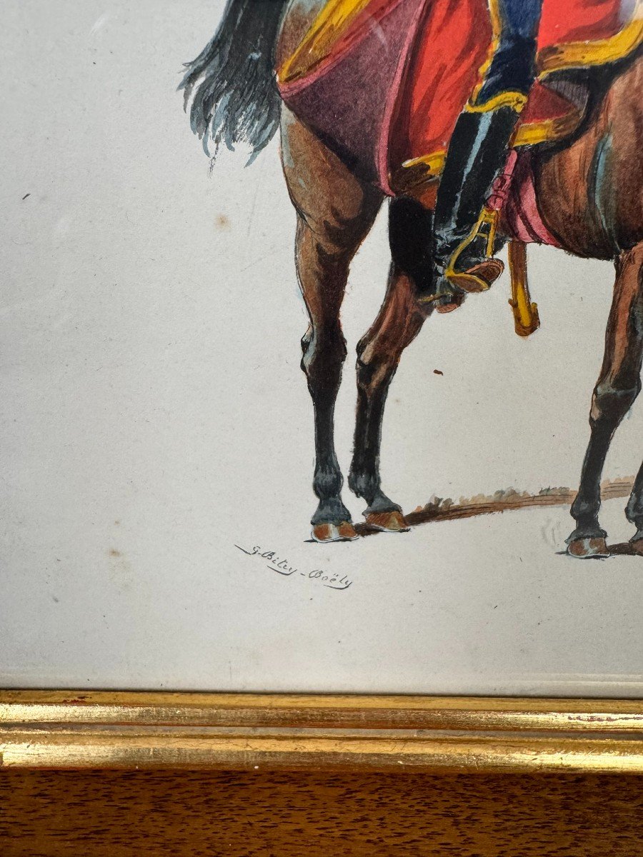 G. Bitry-boëly 19th Century: Watercolor Depicting A Soldier And His Mount, A Hussar Officer From 1809 -photo-4
