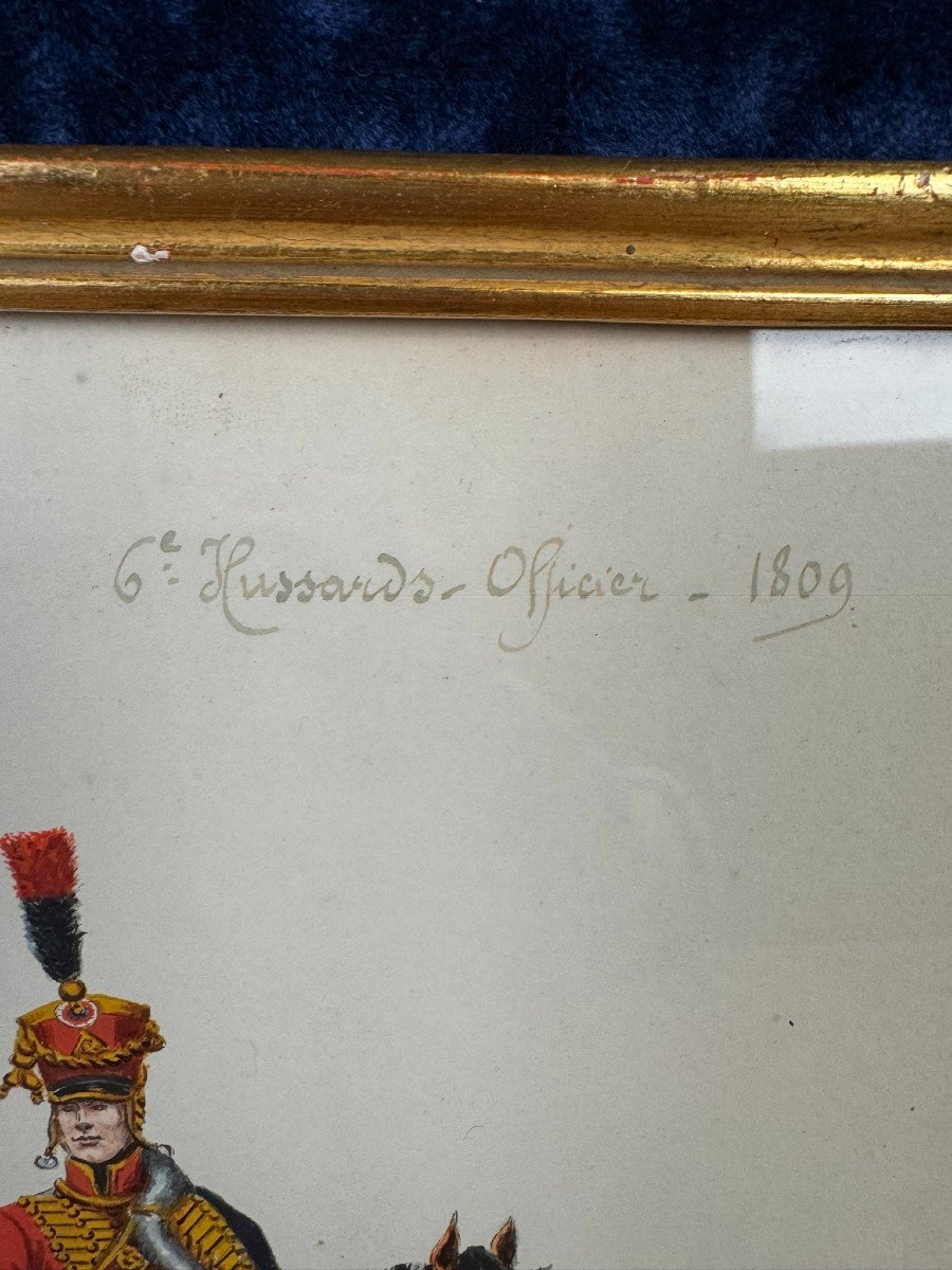G. Bitry-boëly 19th Century: Watercolor Depicting A Soldier And His Mount, A Hussar Officer From 1809 -photo-1