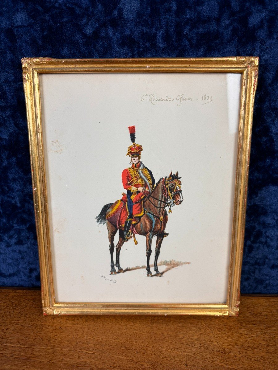 G. Bitry-boëly 19th Century: Watercolor Depicting A Soldier And His Mount, A Hussar Officer From 1809 -photo-2