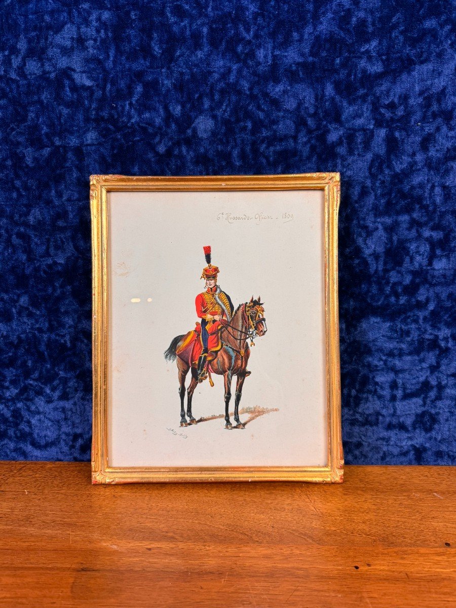 G. Bitry-boëly 19th Century: Watercolor Depicting A Soldier And His Mount, A Hussar Officer From 1809 