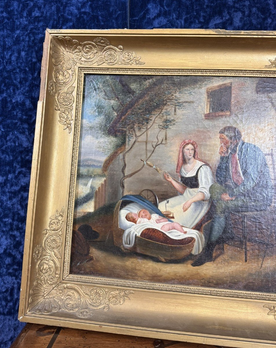 école Italienne Du XIXeme : Huile Sur Toile Figurant Une Scène Familiale -photo-3