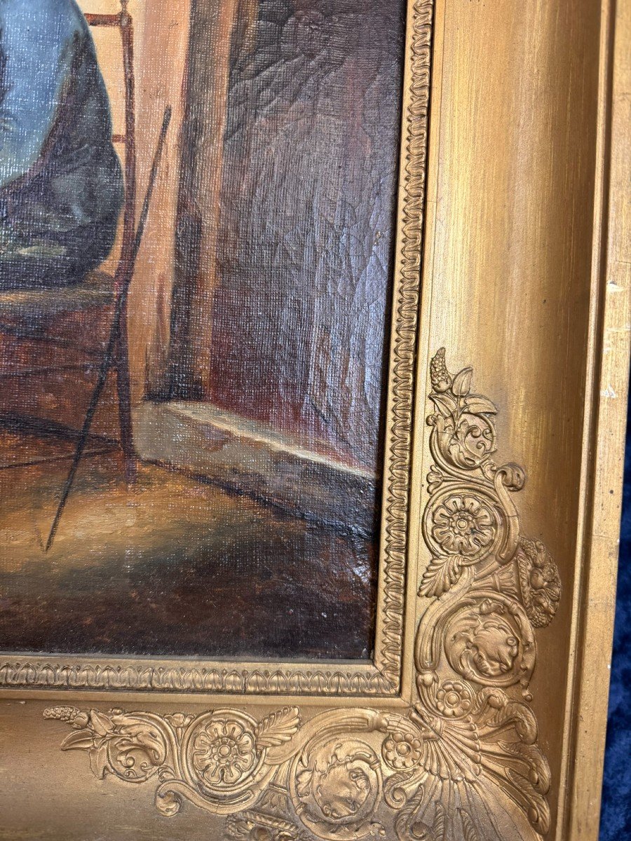 école Italienne Du XIXeme : Huile Sur Toile Figurant Une Scène Familiale -photo-4
