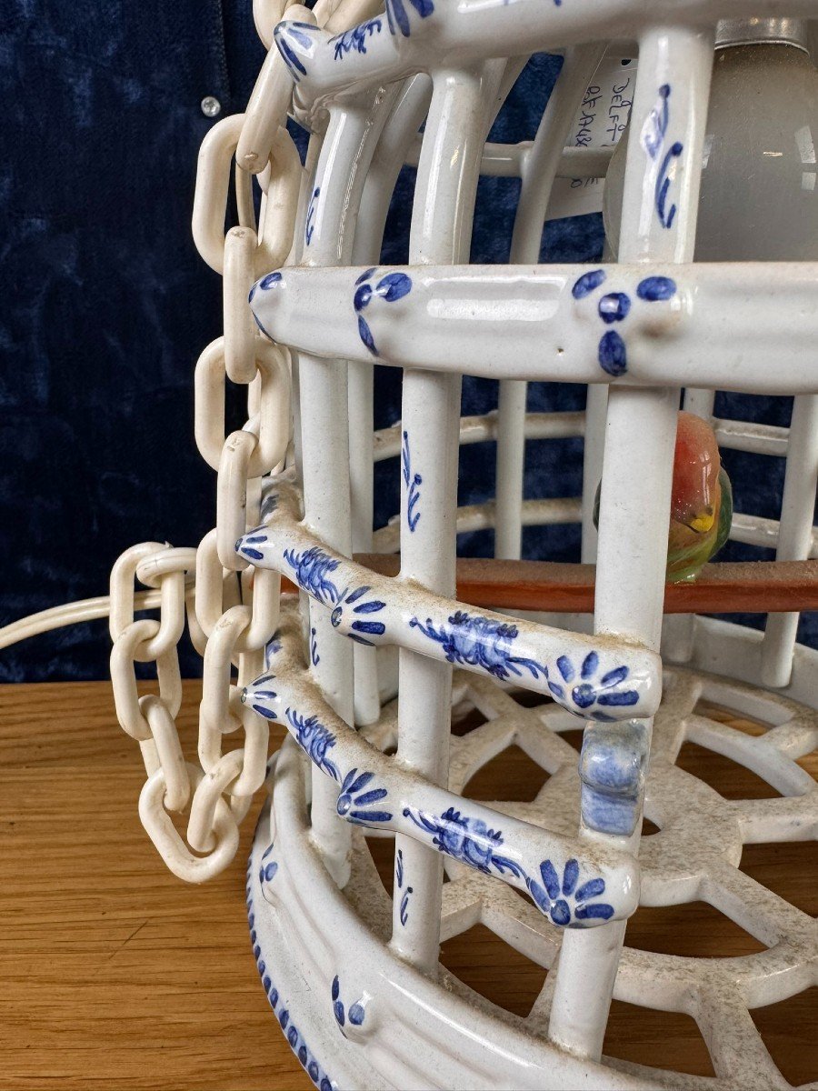 Bird Cage Chandelier In Desvres Earthenware With Blue Decorations On A White Background-photo-1