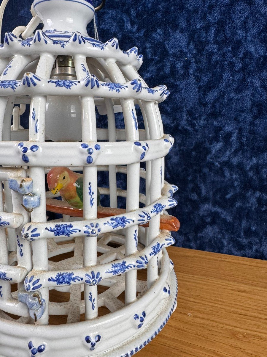 Bird Cage Chandelier In Desvres Earthenware With Blue Decorations On A White Background-photo-2