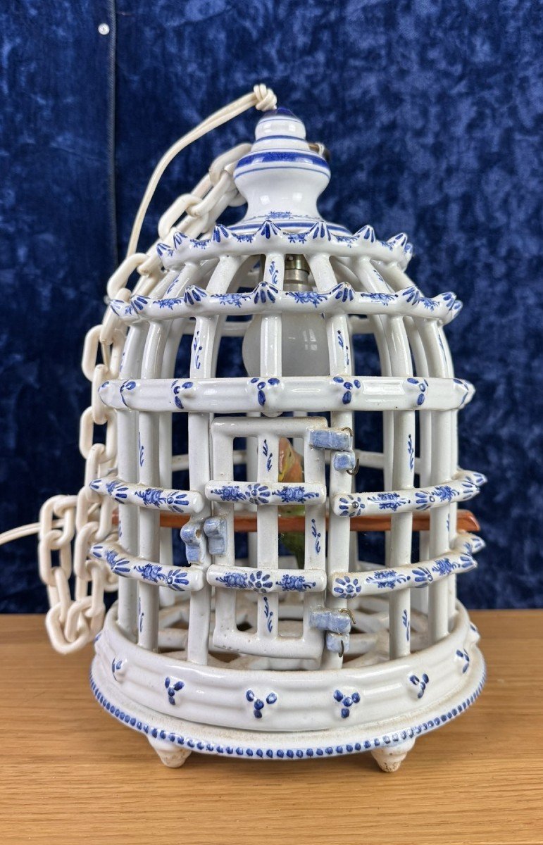 Bird Cage Chandelier In Desvres Earthenware With Blue Decorations On A White Background