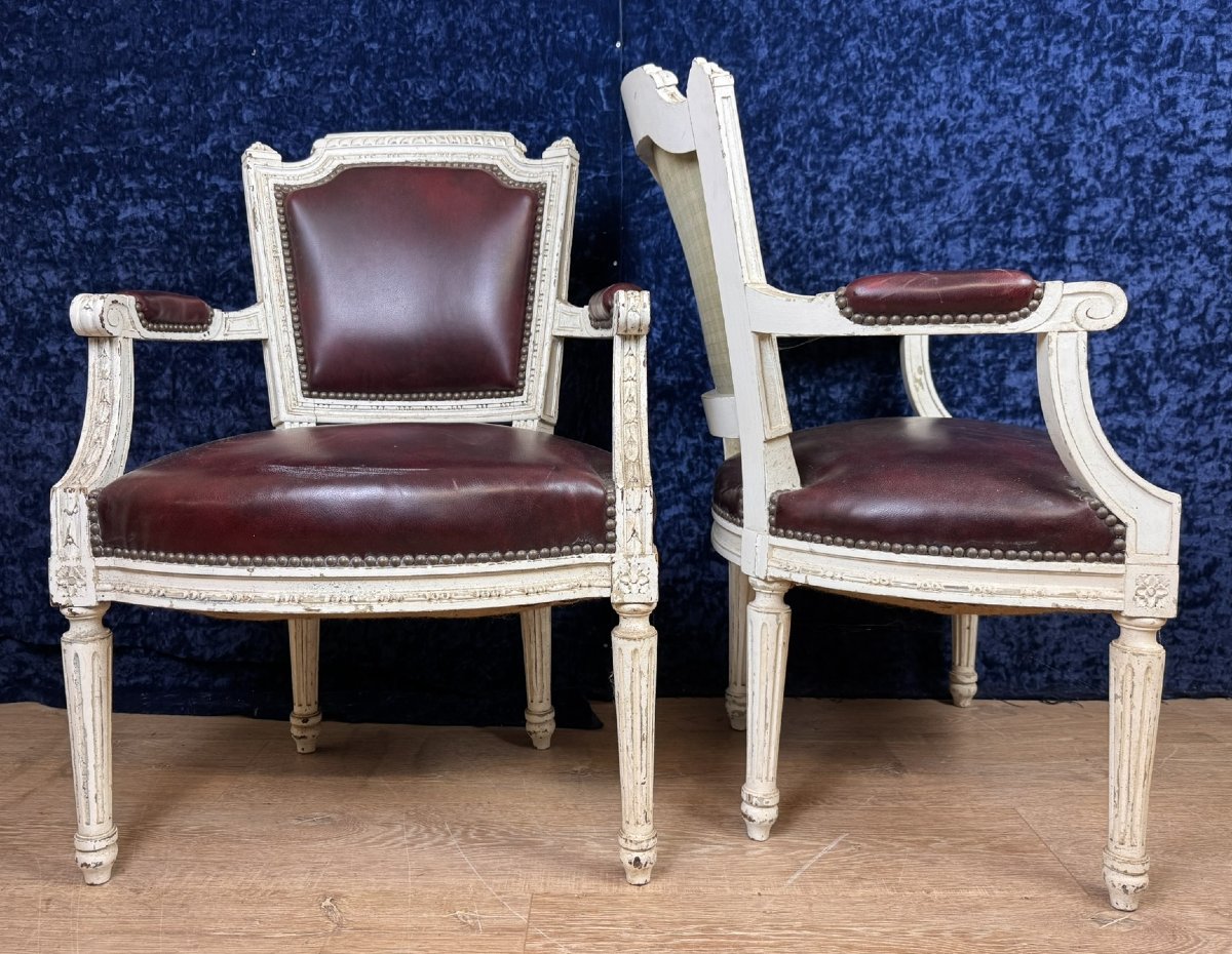 Pair Of Louis XVI Cabriolet Armchairs In Lacquered Wood And Leather Circa 1850-photo-4