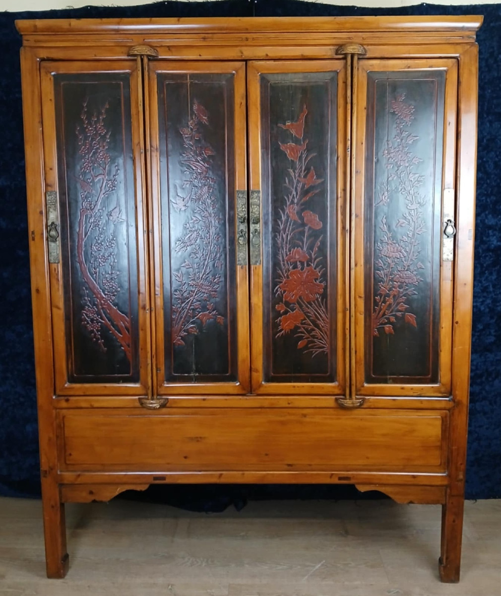 China, Early 20th Century: Large Lacquer Cabinet With Floral Decorations