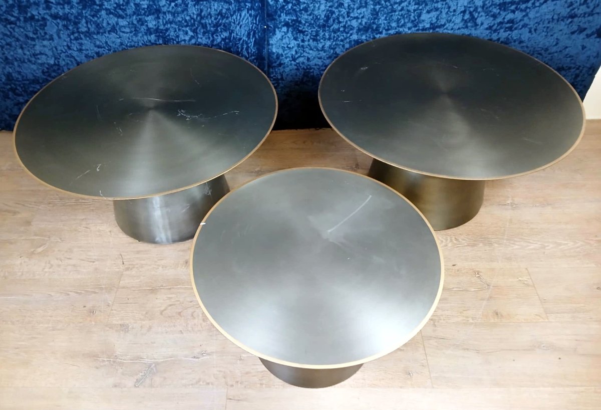 Série De Trois Tables Basse Design En Métal Dépoli époque Vers 1990/2000-photo-2