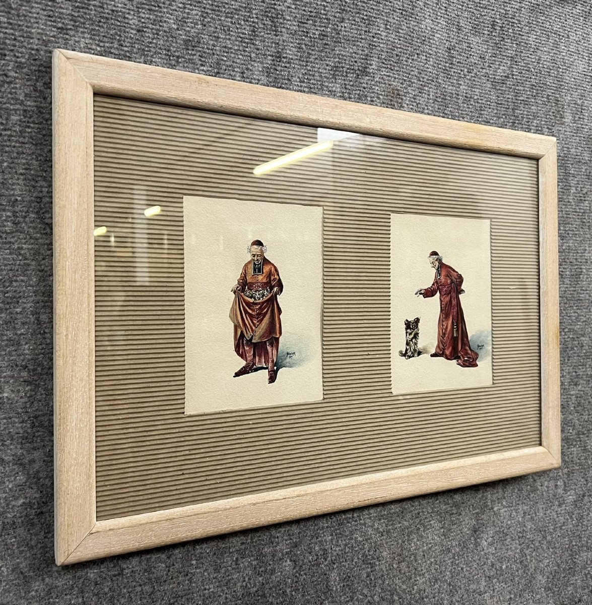 Deux aquarelles figurant un ecclésiastique et son chien  -photo-1