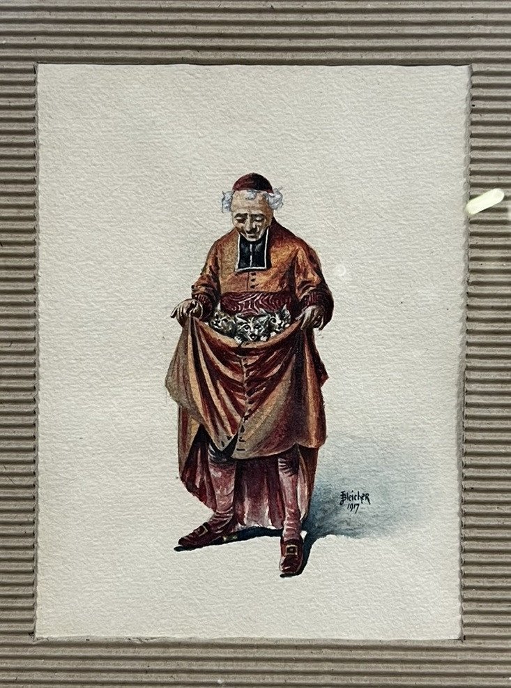 Deux aquarelles figurant un ecclésiastique et son chien  -photo-2