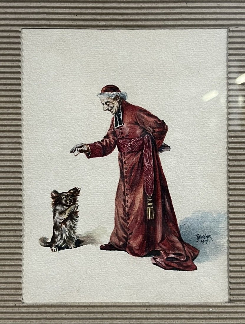 Deux aquarelles figurant un ecclésiastique et son chien  -photo-4