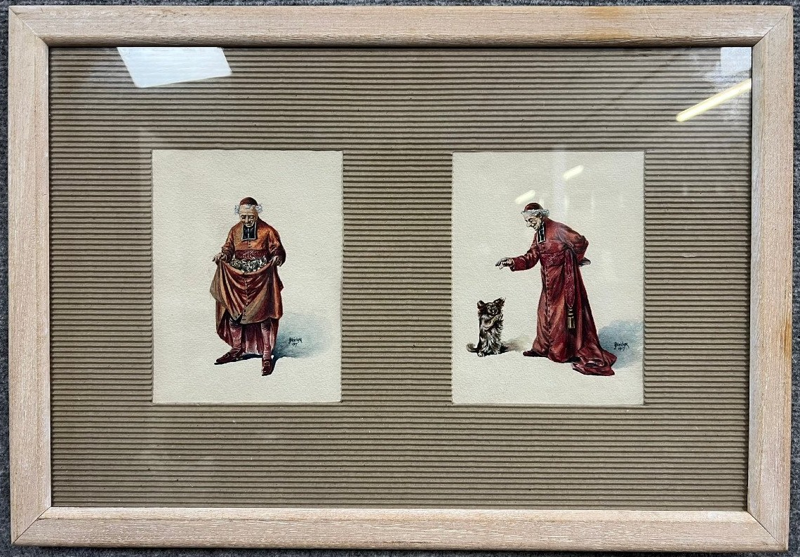 Deux aquarelles figurant un ecclésiastique et son chien  