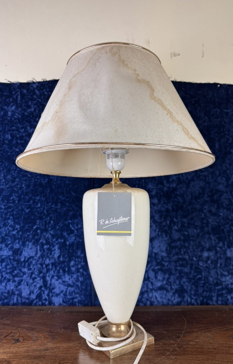 Robert De Schuytener: Large Ceramic And Gilded Brass Lamp -photo-1