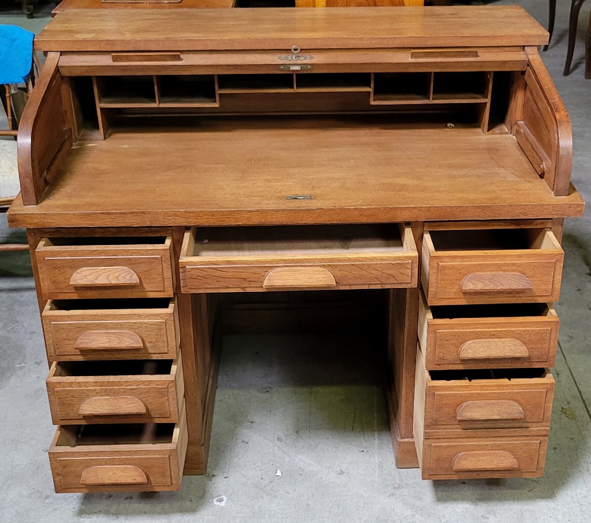 Bureau Americain a cylindre a volet coulissant en chene vers 1900-photo-8